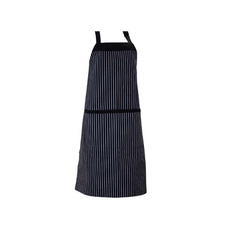 Zwart en wit gestreepte polyester/katoenen nekschort met zakken en verstelbare knoppen