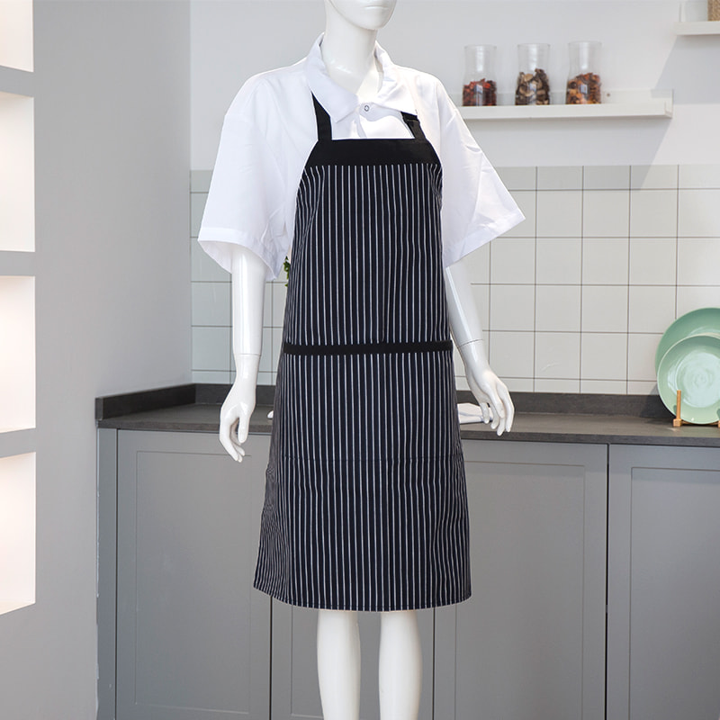 Zwart en wit gestreepte polyester/katoenen nekschort met zakken en verstelbare knoppen